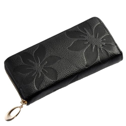 M.lemo925 Echtes Leder Geldbörse für Frauen Neuheit Prägung Blume Reißverschluss um Clutch Geldbörse, Schwarz von M.lemo925