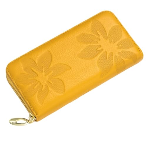 M.lemo925 Echtes Leder Geldbörse für Frauen Neuheit Prägung Blume Reißverschluss um Clutch Geldbörse, gelb von M.lemo925