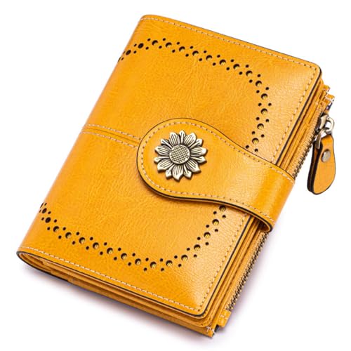 M.lemo925 RFID-blockierende Geldbörse für Damen, echtes Leder, kurze Retro-Geldbörse mit 16 Kreditkartenfächern, Geldbörse, Clutch, gelb von M.lemo925