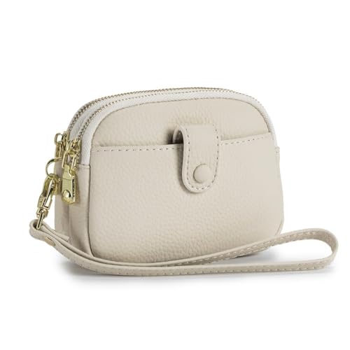 Mini-Geldbörse aus echtem Leder für Damen, kleine Handgelenk-Clutch, Doppelreißverschluss, Münztasche, Kindergeldbörse, Geschenk, Beige von M.lemo925