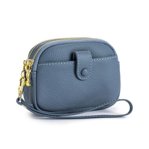 Mini-Geldbörse aus echtem Leder für Damen, kleine Handgelenk-Clutch, Doppelreißverschluss, Münztasche, Kindergeldbörse, Geschenk, Blau von M.lemo925