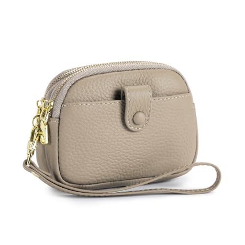 Mini-Geldbörse aus echtem Leder für Damen, kleine Handgelenk-Clutch, Doppelreißverschluss, Münztasche, Kindergeldbörse, Geschenk, GRAU von M.lemo925