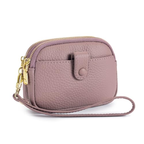 Mini-Geldbörse aus echtem Leder für Damen, kleine Handgelenk-Clutch, Doppelreißverschluss, Münztasche, Kindergeldbörse, Geschenk, Pink von M.lemo925