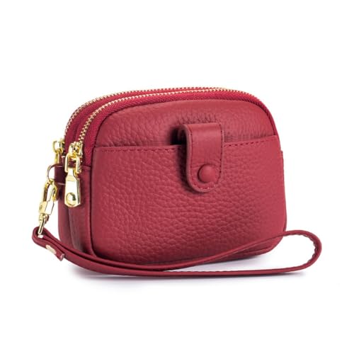 Mini-Geldbörse aus echtem Leder für Damen, kleine Handgelenk-Clutch, Doppelreißverschluss, Münztasche, Kindergeldbörse, Geschenk, Rot/Ausflug, einfarbig (Getaway Solids) von M.lemo925