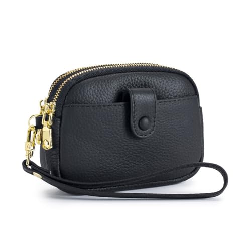 Mini-Geldbörse aus echtem Leder für Damen, kleine Handgelenk-Clutch, Doppelreißverschluss, Münztasche, Kindergeldbörse, Geschenk, Schwarz von M.lemo925