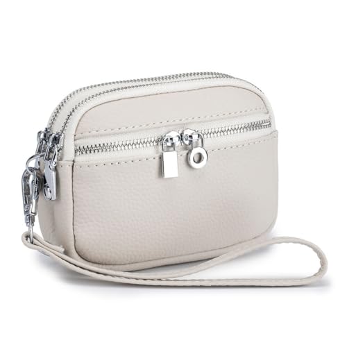 Mini-Geldbörse aus echtem Leder für Damen, kleine dreifache Reißverschlüsse, Handgelenk, Clutch, Münztasche, Kindergeldbörse, Geschenk, Beige von M.lemo925