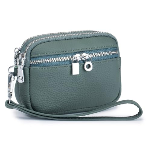 Mini-Geldbörse aus echtem Leder für Damen, kleine dreifache Reißverschlüsse, Handgelenk, Clutch, Münztasche, Kindergeldbörse, Geschenk, Grün von M.lemo925