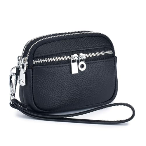 Mini-Geldbörse aus echtem Leder für Damen, kleine dreifache Reißverschlüsse, Handgelenk, Clutch, Münztasche, Kindergeldbörse, Geschenk, Schwarz von M.lemo925