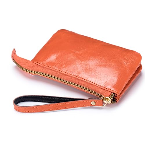 Münzgeldbörse für Damen, echtes Leder, Herren, Reißverschluss, kleine Kleingeldtasche, Handgelenktasche, Clutch-Geldbörse, Orange von M.lemo925