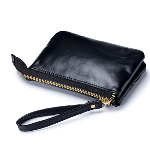 Münzgeldbörse für Damen, echtes Leder, Herren, Reißverschluss, kleine Kleingeldtasche, Handgelenktasche, Clutch-Geldbörse, Schwarz von M.lemo925