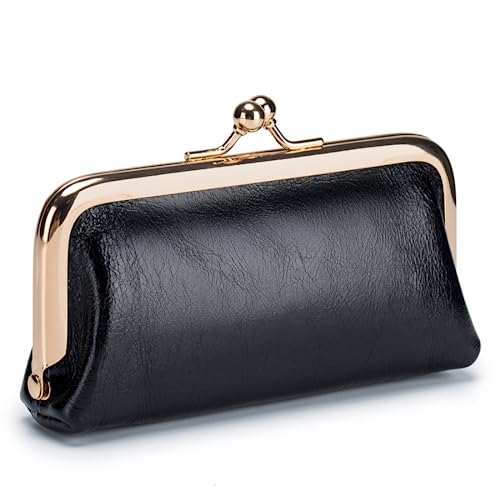 Münzgeldbörse für Damen, echtes Leder, Metallrahmen, Mini-Kleingeldtasche, Schlüsselanhänger, Geldbörse, Clutch, Schwarz von M.lemo925