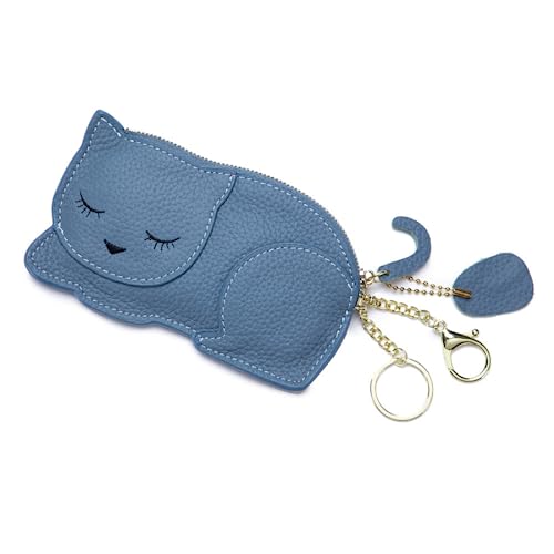 Münzgeldbörse für Damen, echtes Leder, Mini-Schlanke Katze, niedlicher Reißverschluss, Schlüsselbund, blau von M.lemo925