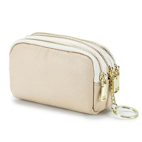 Münzgeldbörse für Damen, echtes Leder, kleine Kleingeldtasche, Schlüsselanhänger, Geldbörse, Clutch, beige von M.lemo925