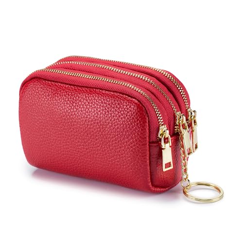 Münzgeldbörse für Damen, echtes Leder, kleine Kleingeldtasche, Schlüsselanhänger, Geldbörse, Clutch, rot von M.lemo925