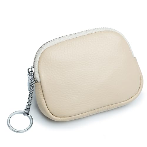 Münzgeldbörse für Damen und Herren, echtes Leder, Mini-Geldbörse mit Reißverschluss, Schlüsselbund, beige von M.lemo925