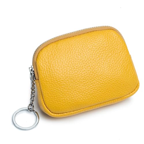 Münzgeldbörse für Damen und Herren, echtes Leder, Mini-Geldbörse mit Reißverschluss, Schlüsselbund, gelb von M.lemo925