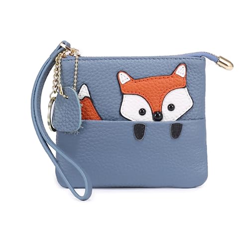 Münzgeldbörse für Mädchen, echtes Leder, Mini-süßer Fuchs, Schlüsselbund, blau von M.lemo925