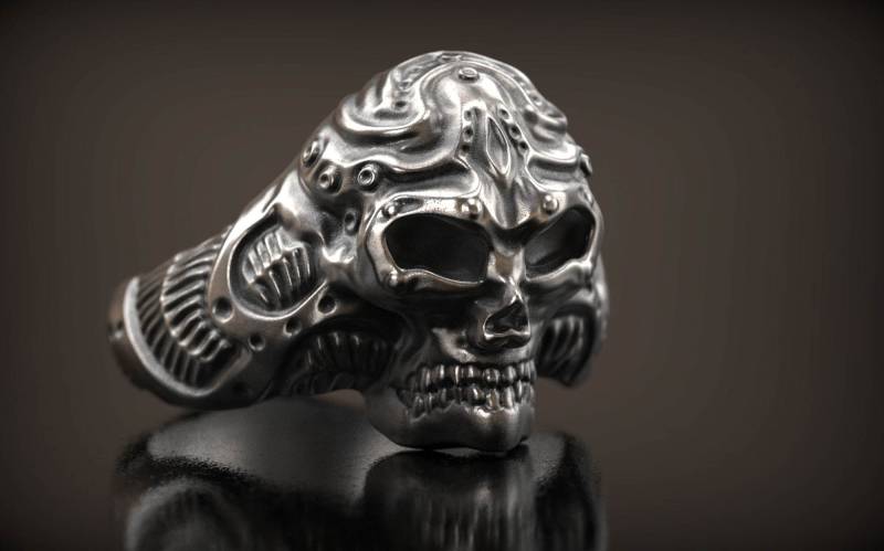 Biomechanical Skull Ring, Robot Sklull Cyber Punk Biker Mechanical Mens Covenant Style, 3D Printed Jewellery von M2040