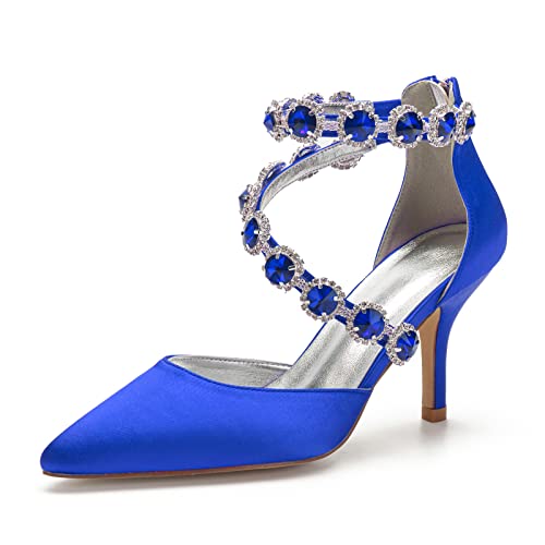 Damen Braut High Heels Strass Spitze Zehe D'Orsay Pumps Reißverschluss Stilettos Brautkleid Schuhe,Blau,39 EU von MAAARI