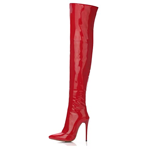 Damen Lackleder Oberschenkel Hohe Stiefel Spitze Zehe Seite Reißverschluss Sexy Stiletto High Heel Over The Knee Stiefel,Rot,38 EU von MAAARI