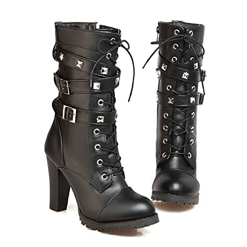 Damen Punk Goth Boots Chunky High Heel Mid Cal-Stiefel Schnürung Runde Zehen Knight Stiefel Niete Gürtelschnalle Motorradstiefel,Schwarz,45 EU von MAAARI