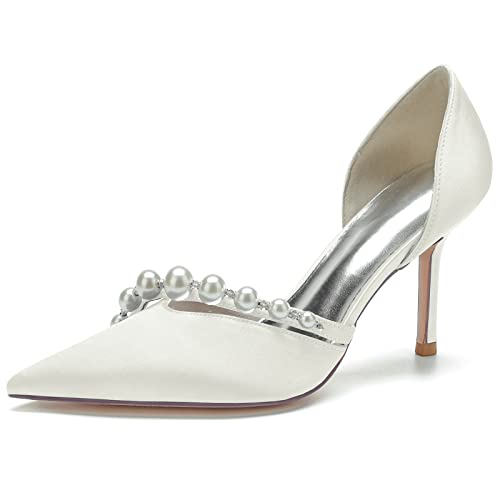 Damen Spitze Zehe mit Pfennigabsatz Hochzeit Schuhe Satin Perle Brautschuhe Schlüpfen Auf D'orsay Pumps,Elfenbein,36 EU von MAAARI