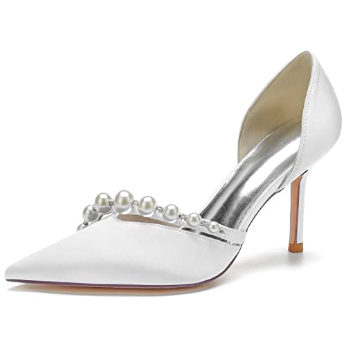 Damen Spitze Zehe mit Pfennigabsatz Hochzeit Schuhe Satin Perle Brautschuhe Schlüpfen Auf D'orsay Pumps,Weiß,40 EU von MAAARI