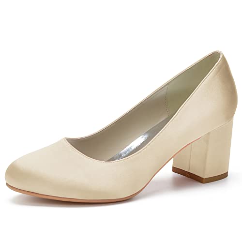 Frauen Brautschuhe Chunky Heel Satin Pumps Runde Zehe Slip auf Hochzeit Abendkleid Schuhe,Champagne,43 EU von MAAARI