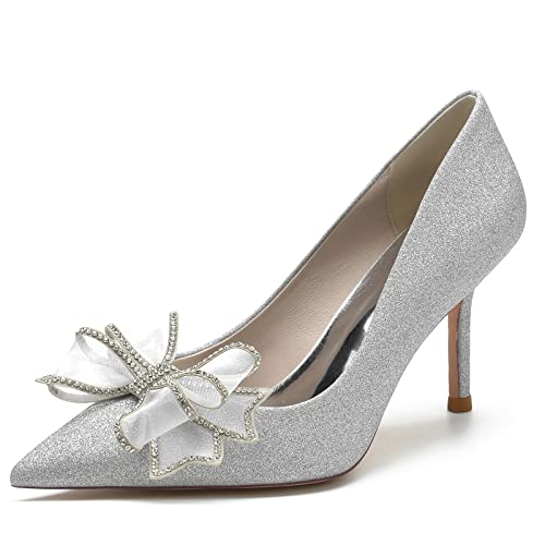 Frauen Elegante Weiße High Heel D'Orsay Pumps Sexy Spitze Zehen Schlüpfen Auf Hochzeits Brautschuhe,Silber,39 EU von MAAARI