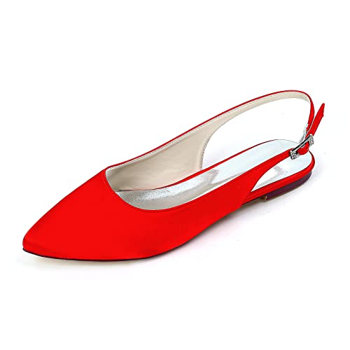 MAAARI Damen Low Flat Heel Hochzeitsschuhe Satin Slingback Brautschuhe Spitze Zehe Ballerinas,Rot,42 EU von MAAARI