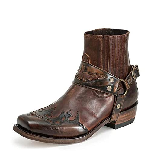 MAAARI Herren Western Stiefeletten Mode Schnalle Riemen Slip-on Stiefel Retro Leder Quadratische Zehe Cowboy Kurze Stiefel Cowboy Motorradstiefel,Braun,39 EU von MAAARI