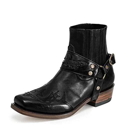 MAAARI Herren Western Stiefeletten Mode Schnalle Riemen Slip-on Stiefel Retro Leder Quadratische Zehe Cowboy Kurze Stiefel Cowboy Motorradstiefel,Schwarz,38 EU von MAAARI