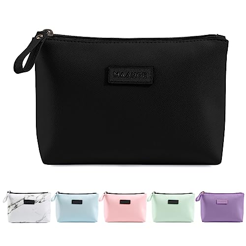 Kleine Kosmetiktasche MAANGE Kleine Make up Tasche Tragbare Reise Schminktasche wasserdichte PU Leder mit Griff Niedliche Vielseitige Reißverschlusstasche für Frauen (schwarz) von MAANGE