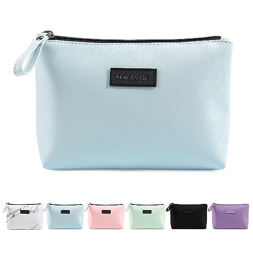 Kleine Make up Tasche MAANGE Kleine Kosmetiktasche tragbare Schminktasche wasserdichte PU Leder Make up Tasche mit Griff süße vielseitige Reißverschlusstasche für Frauen (Blau) von MAANGE