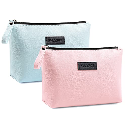 Kleine Schminktasche MAANGE 2 Pcs Reise Kosmetiktasche Tragbare Make up Tasche wasserdichte PU Leder Kosmetiktasche für Geldbörse mit Griff Vielseitige Kosmetiktasche für Frauen (Rosa + Blau) von MAANGE