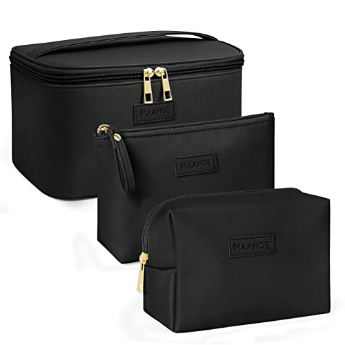 MAANGE 3 Stück Kosmetiktaschen (L+M+S), PU Leder Schminktasche für Damen Tragbare Reise Kosmetiktasche Kleine Make Up Tasche mit Fächern, Schwarz von MAANGE