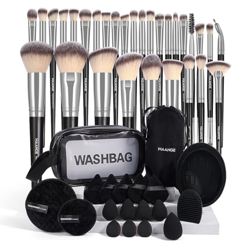 Pinselset Makeup MAANGE 49 Stück Make up Pinsel Set mit Puderquaste & Make up Schwamm & Make up Entferner puff & Kosmetiktasche & Reinigungsmatte Für Kosmetikpinsel Professionelle Make up Tools von MAANGE