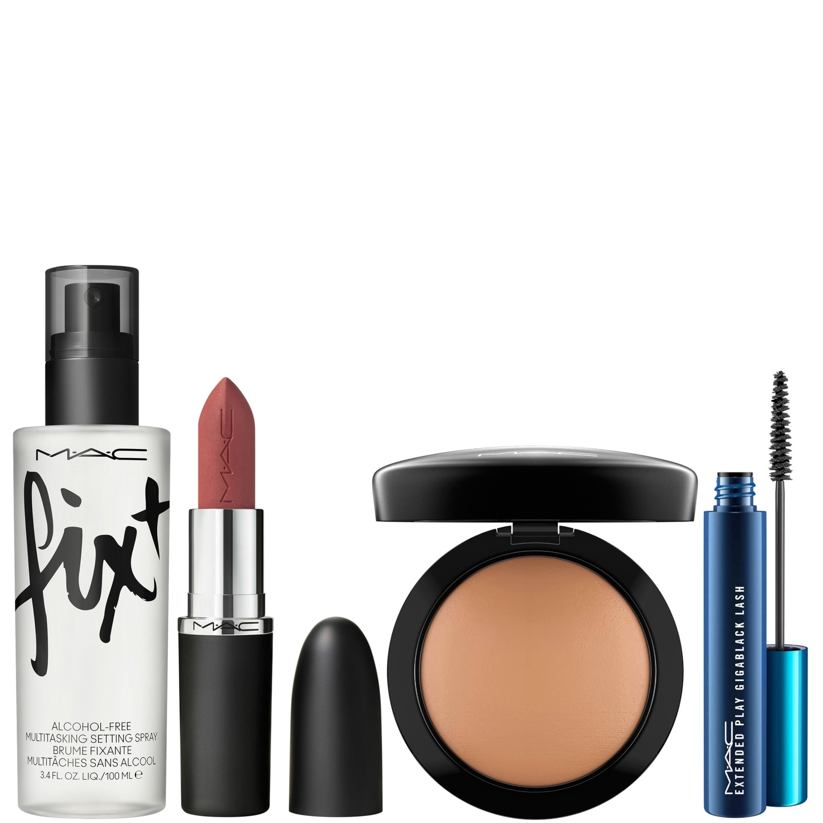 MAC HEROES MACximal Lipstick Velvet Teddy, Min. Skinfinish Give Me Sun, Fix + Original 100ml and MACStack Black Mascara Bundle von MAC
