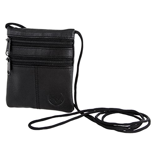 Brustbeutel Leder - Klein Schwarz Braun Vintage Geldbeutel Geldbörse Umhängen Sichtfenster Damen Herren Mädchen Junge Kinder Busausweis Kleingeld Geldbeutel Sichtfach Reißverschluss RFID Reise von MACEMARO TRADING