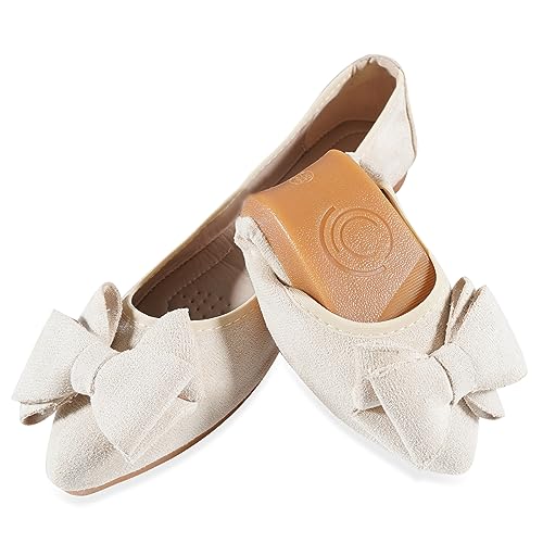 MACHSWON Ballerinas für Frauen Bequeme Damen Flache Ballerina Faltbare Pumps Freizeitkleid Spitz Zehen Schwarz Flache Schuhe Damen, Aprikose Schleife, 38 EU von MACHSWON