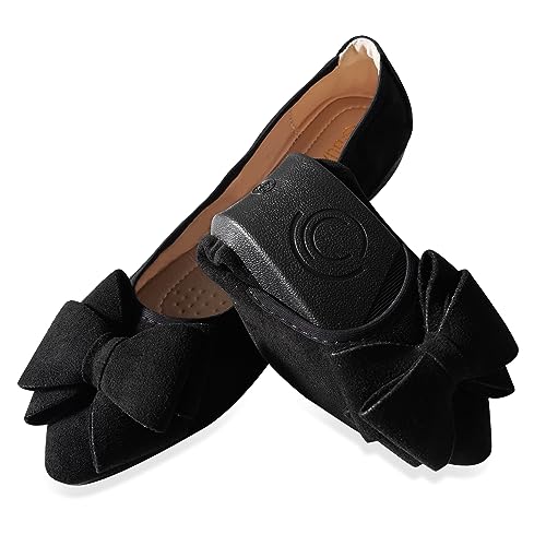 MACHSWON Ballerinas für Frauen Bequeme Damen Flache Ballerina Faltbare Pumps Freizeitkleid Spitz Zehen Schwarz Flache Schuhe Damen, Schwarze Schleife, 37 EU von MACHSWON