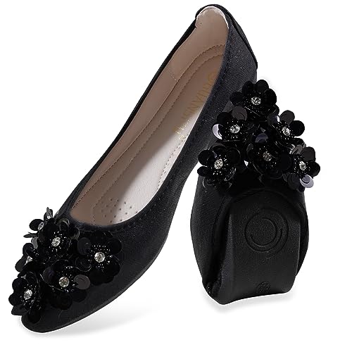 MACHSWON Ballerinas für Frauen Bequeme Damen Wohnungen Sparkly Blume Strass Slip on Spitze Zehen Flats Schuhe Frauen, Schwarz 3, 38.5 EU von MACHSWON