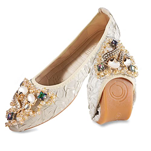 MACHSWON Damen-Ballerina-Schuhe mit Strasssteinen, faltbar, glitzernd, bequem, zum Reinschlüpfen, flache Wanderschuhe für Damen, Aprikosen-Fuchskopf, 38.5 EU von MACHSWON