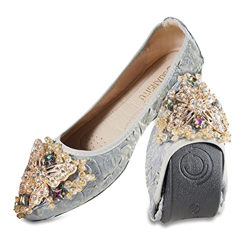 MACHSWON Damen-Ballerina-Schuhe mit Strasssteinen, faltbar, glitzernd, bequem, zum Reinschlüpfen, flache Wanderschuhe für Damen, Hellblauer Schmetterling, 40.5 EU von MACHSWON