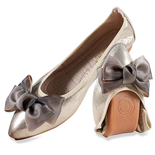 MACHSWON Damen Ballerinas, glitzernd, bequem, lässig, spitzer Zehenbereich, Schleifenknoten, Slipper, Hochzeit, Ballerina, elegante flache Schuhe für Damen, gold, 38 EU von MACHSWON