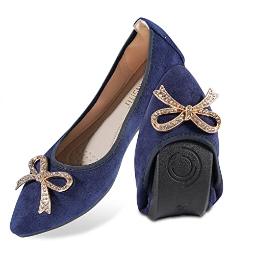 MACHSWON Damen Ballerinas Elegant Schleifen Spitze Zehe Ballett Flache Komfort Slip On Faltbar Flats Schuhe für Frau Klassische Weiche Schuhe（Dunkelblau-2,EU Size 39） von MACHSWON