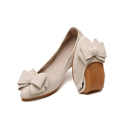 MACHSWON Damen Ballerinas Elegant Schleifen Spitze Zehe Ballett Flache Komfort Slip On Faltbar Flats Schuhe für Frau Klassische Weiche Schuhe（Nude Nubuck,EU Size 41） von MACHSWON