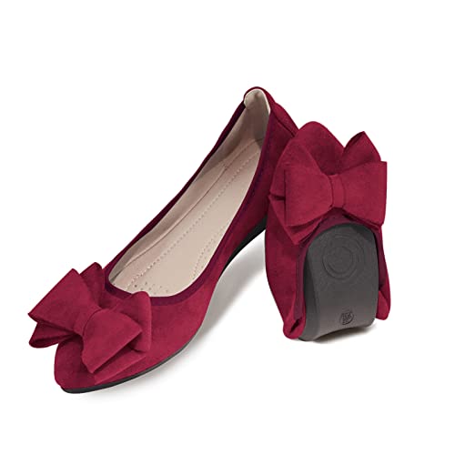 MACHSWON Damen Ballerinas Elegant Schleifen Spitze Zehe Ballett Flache Komfort Slip On Faltbar Flats Schuhe für Frau Klassische Weiche Schuhe（Rot Wildleder,EU Size 36.5） von MACHSWON