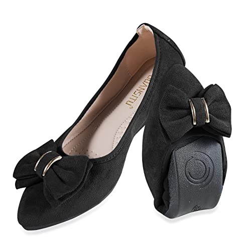 MACHSWON Damen Ballerinas Elegant Schleifen Spitze Zehe Ballett Flache Komfort Slip On Faltbar Flats Schuhe für Frau Klassische Weiche Schuhe（Schwarz-1,EU Size 37） von MACHSWON