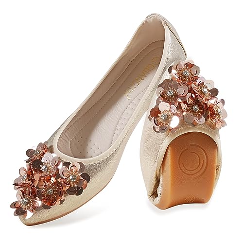 MACHSWON Damen Ballerinas Flach Klassisch, Glitzer Geschlossene Flat mit Strass Slip on Arbeitsschuhe Ballettschuhe mit Geschlossene Partei Schuhe Pumps（Gold-1,EU Size 43） von MACHSWON